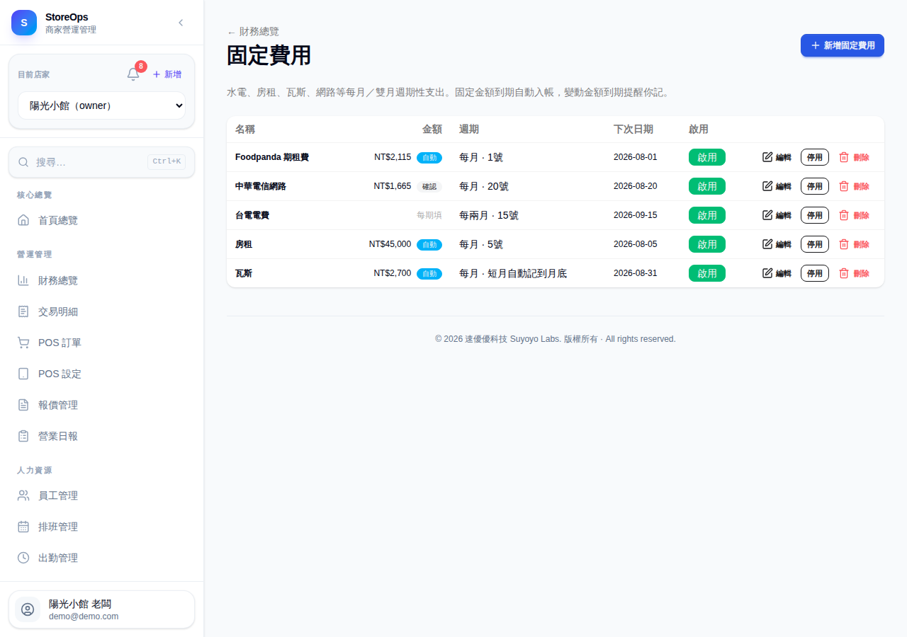 固定費用清單